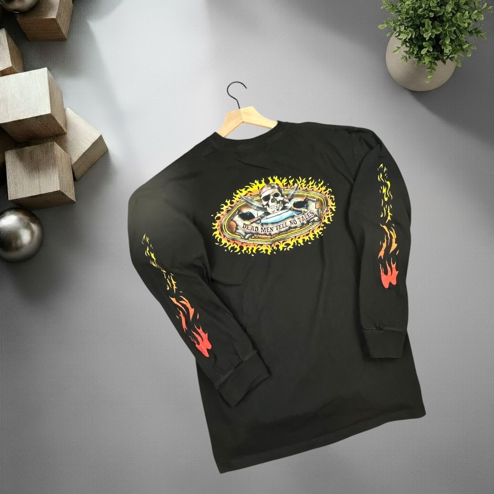 Vintage Coastal Classics Pirate Long Sleeve Shirt Black Skull Flames Mens L